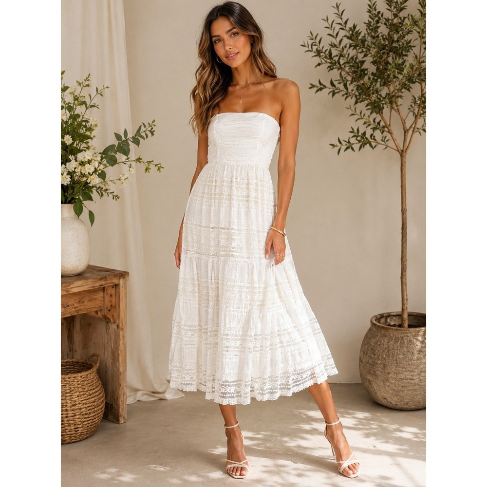4 Collective Anthropologie White Lace Strapless Midi Dress Boho Cottagecore 4